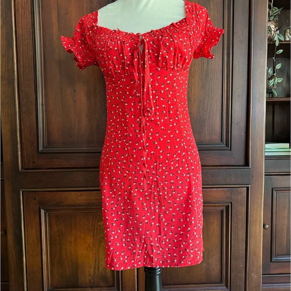 Princess Polly Dresses & Skirts - NWT Sz6 Princess Polly red floral elastic mini dress with tie bodice chest